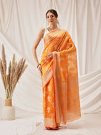Hiral Fashion Yellow Banarasi Organza Silk Floral Woven Design Saree