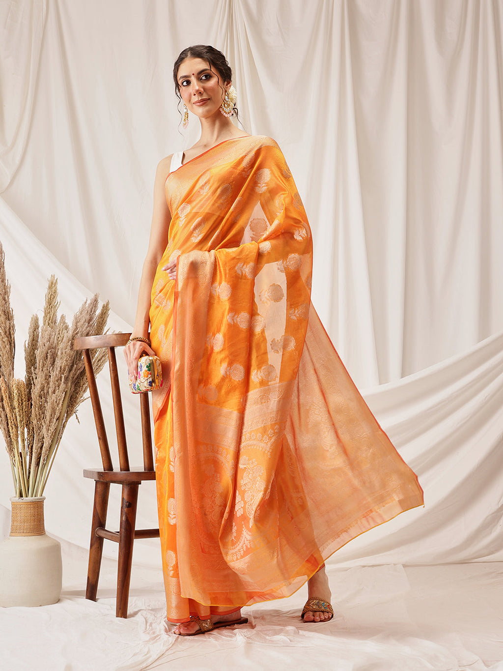 Hiral Fashion Yellow Banarasi Organza Silk Floral Woven Design Saree