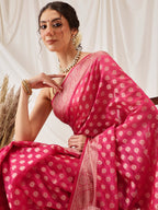 Hiral Fashion Pink Banarasi Organza Silk Floral Woven Design Saree