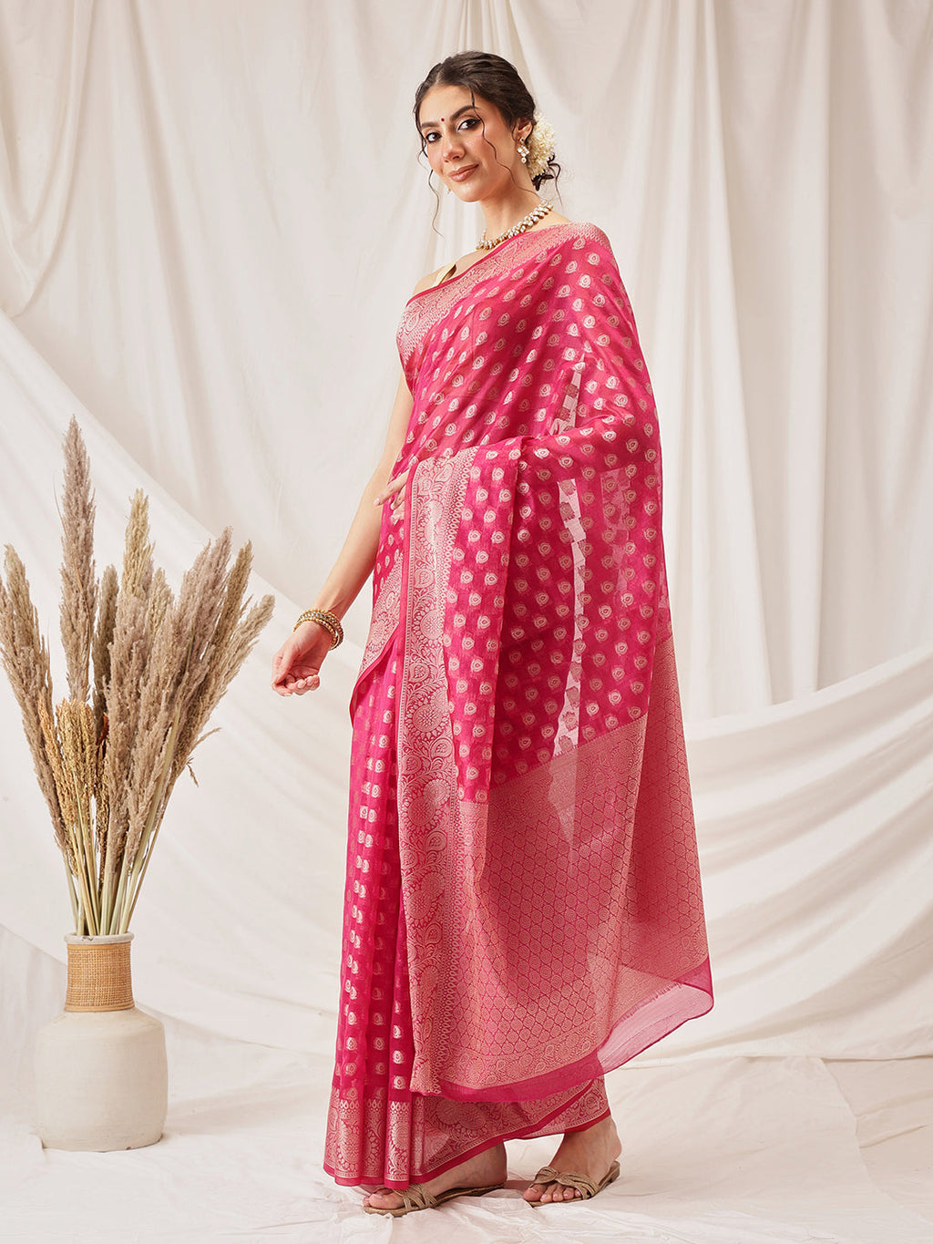 Hiral Fashion Pink Banarasi Organza Silk Floral Woven Design Saree