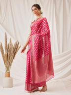 Hiral Fashion Pink Banarasi Organza Silk Floral Woven Design Saree