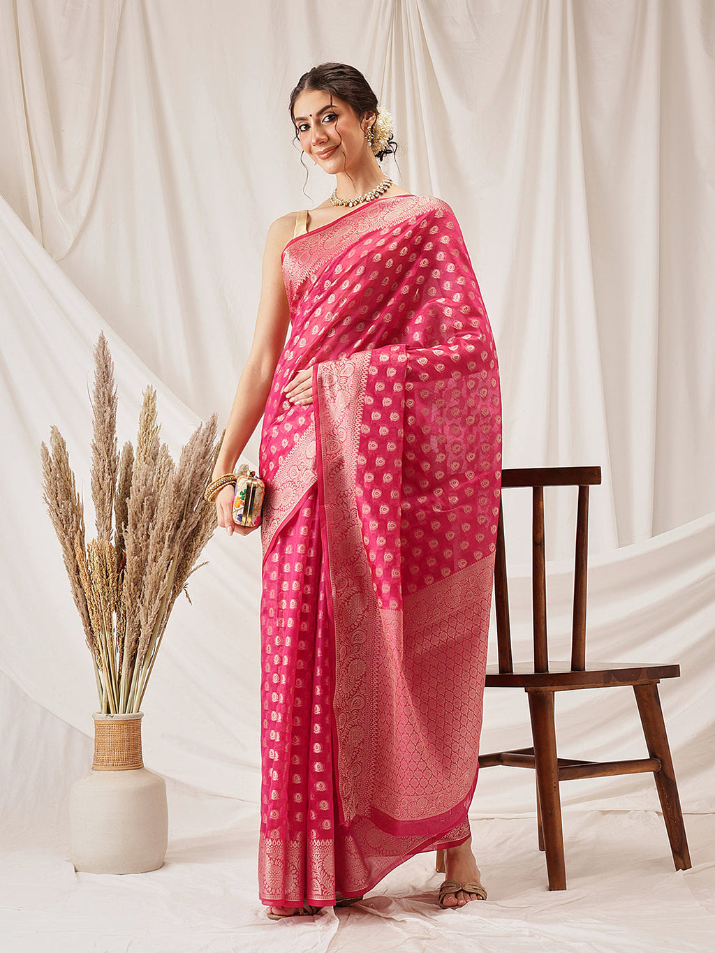 Hiral Fashion Pink Banarasi Organza Silk Floral Woven Design Saree