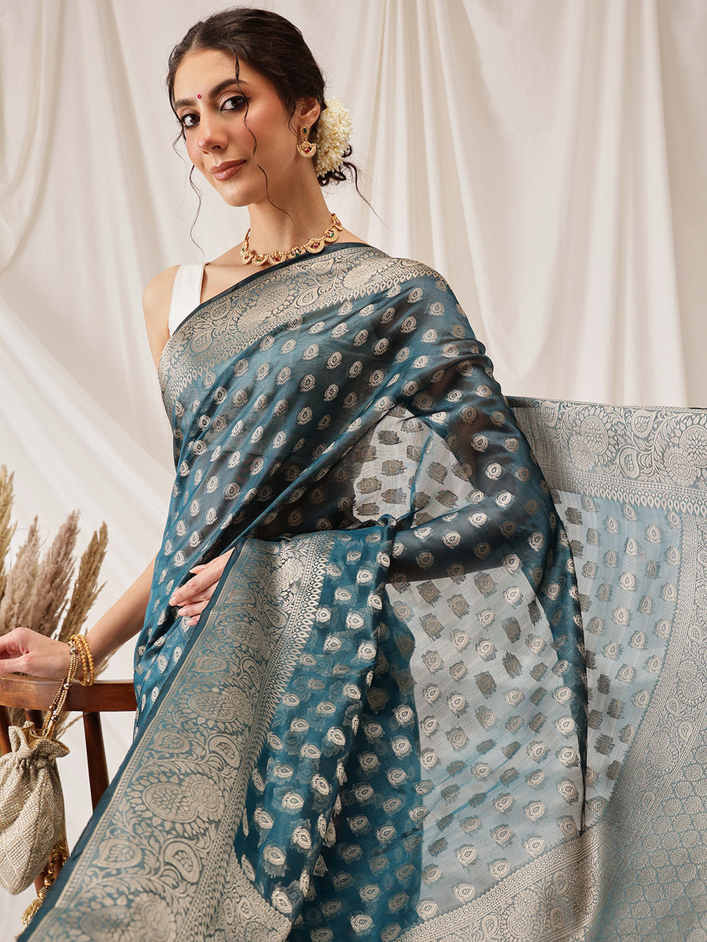 Hiral Fashion Teal Banarasi Organza Silk Floral Woven Design Saree