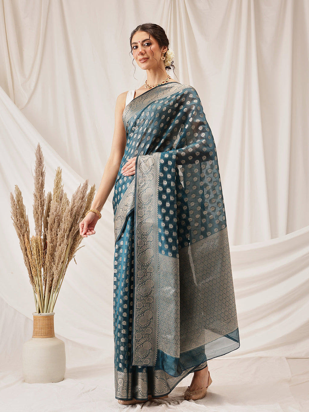 Hiral Fashion Teal Banarasi Organza Silk Floral Woven Design Saree