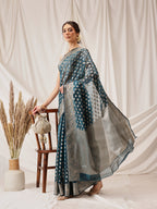 Hiral Fashion Teal Banarasi Organza Silk Floral Woven Design Saree
