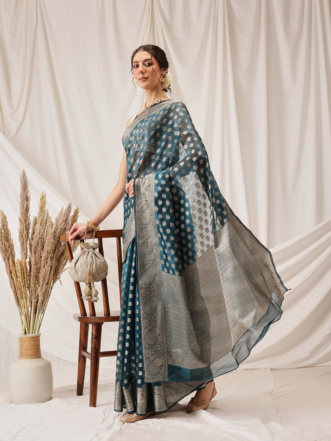 Hiral Fashion Teal Banarasi Organza Silk Floral Woven Design Saree
