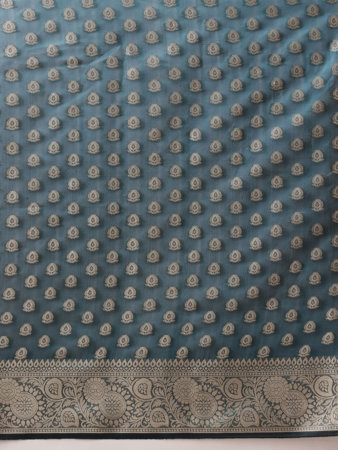 Hiral Fashion Teal Banarasi Organza Silk Floral Woven Design Saree