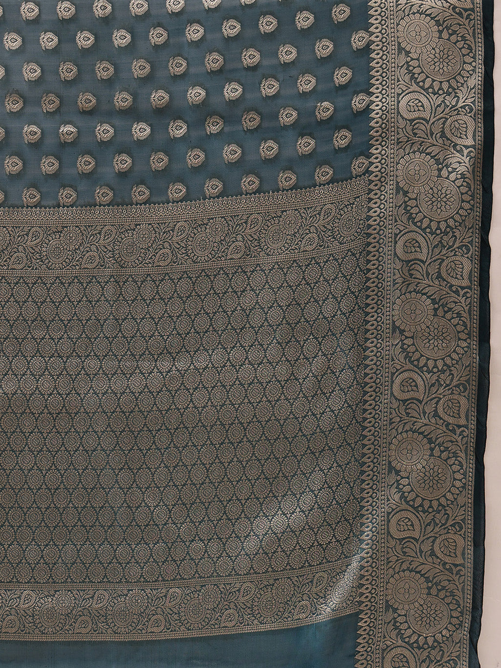 Hiral Fashion Teal Banarasi Organza Silk Floral Woven Design Saree