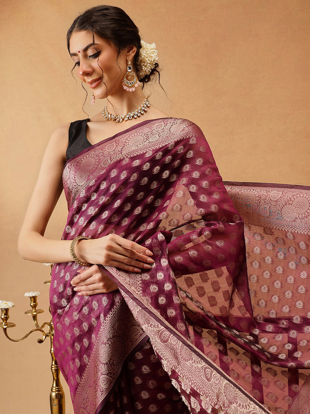 Hiral Fashion Purple Banarasi Organza Silk Floral Woven Design Saree