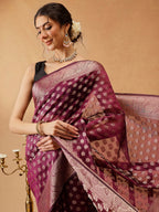 Hiral Fashion Purple Banarasi Organza Silk Floral Woven Design Saree