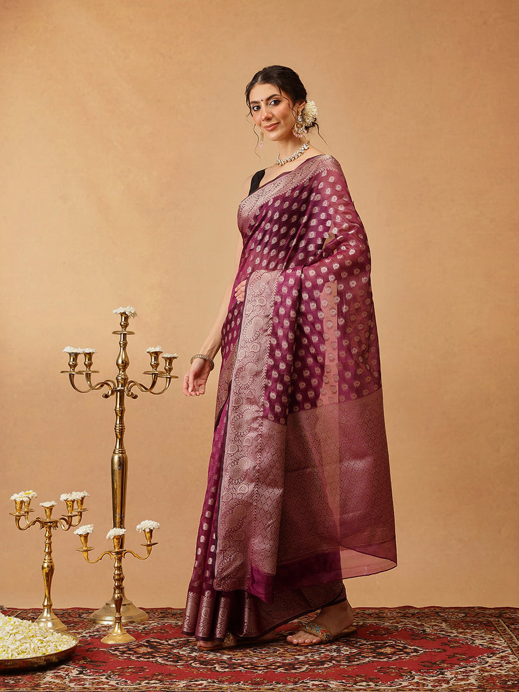Hiral Fashion Purple Banarasi Organza Silk Floral Woven Design Saree