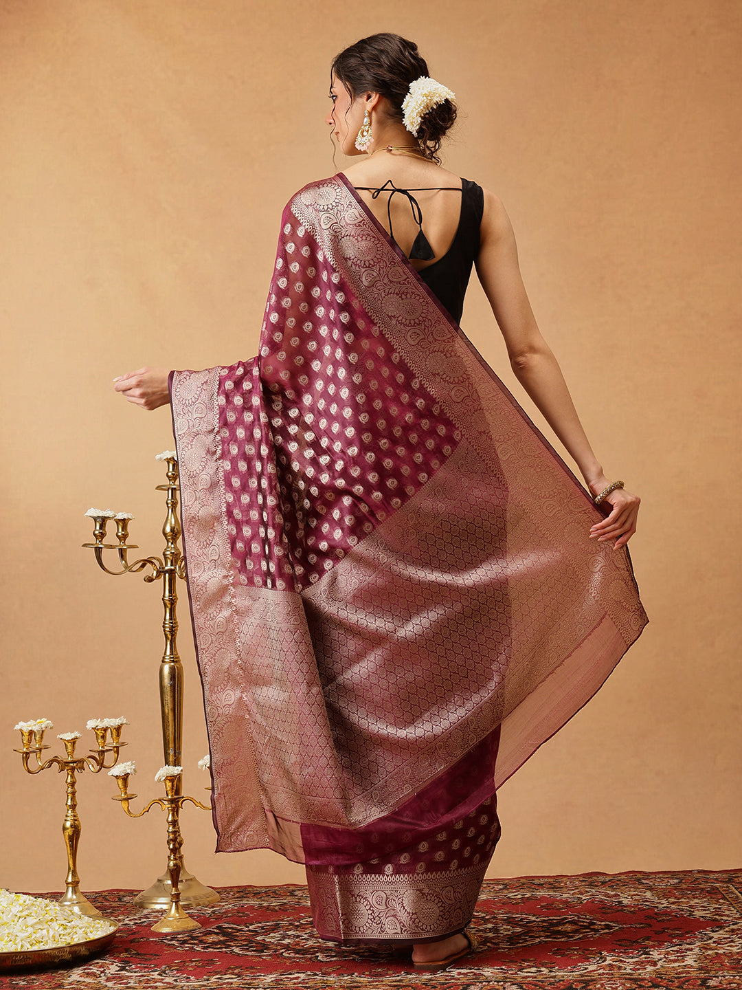 Hiral Fashion Purple Banarasi Organza Silk Floral Woven Design Saree