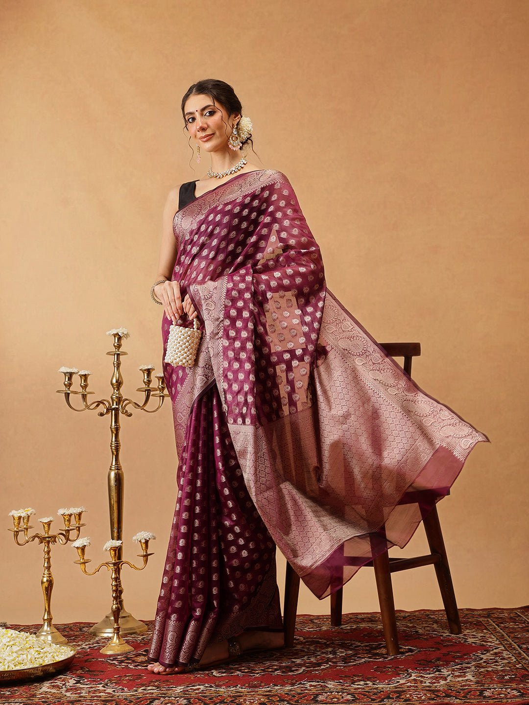 Hiral Fashion Purple Banarasi Organza Silk Floral Woven Design Saree