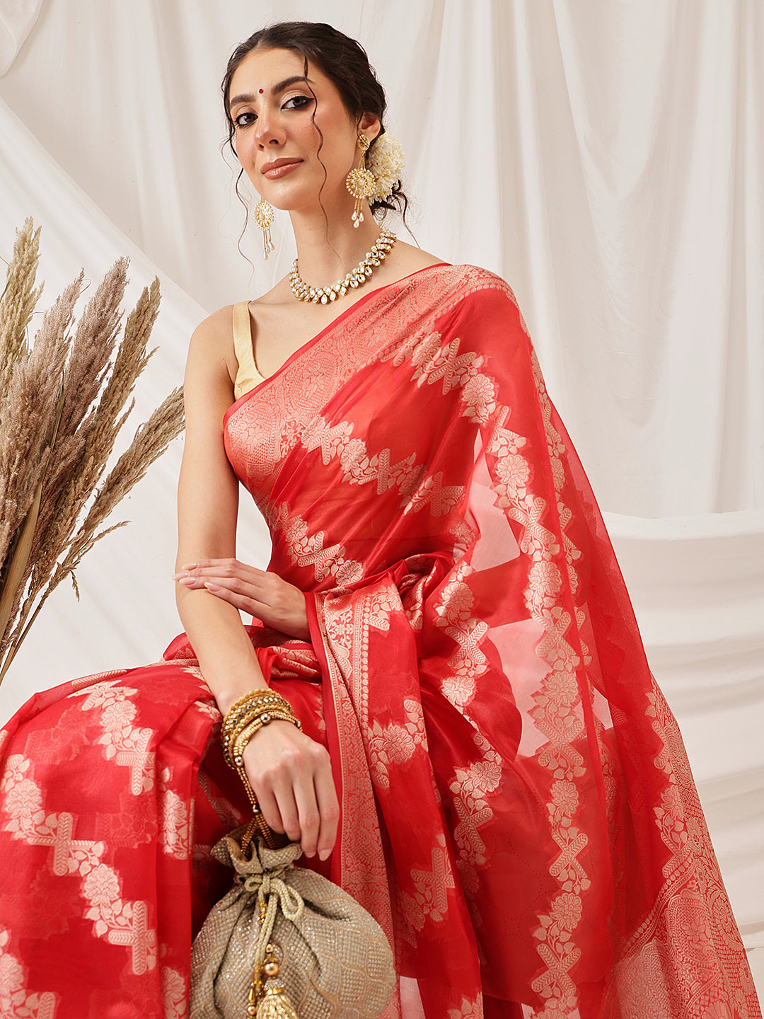 Hiral Fashion Red Banarasi Organza Silk Lahariya Woven Design Saree