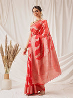 Hiral Fashion Red Banarasi Organza Silk Lahariya Woven Design Saree