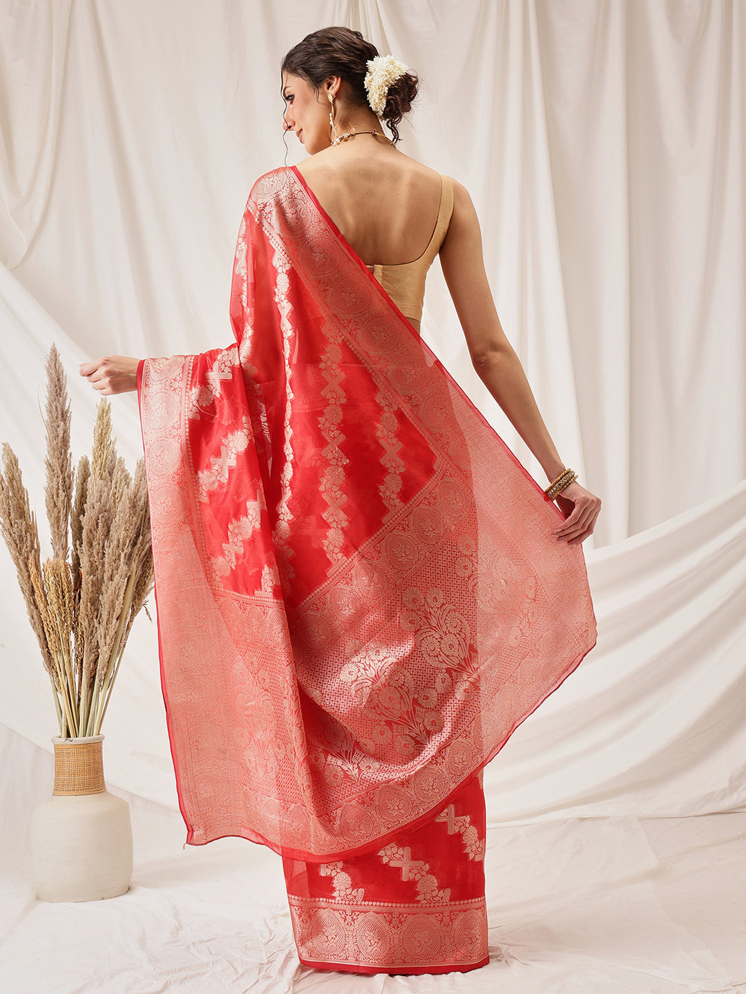 Hiral Fashion Red Banarasi Organza Silk Lahariya Woven Design Saree