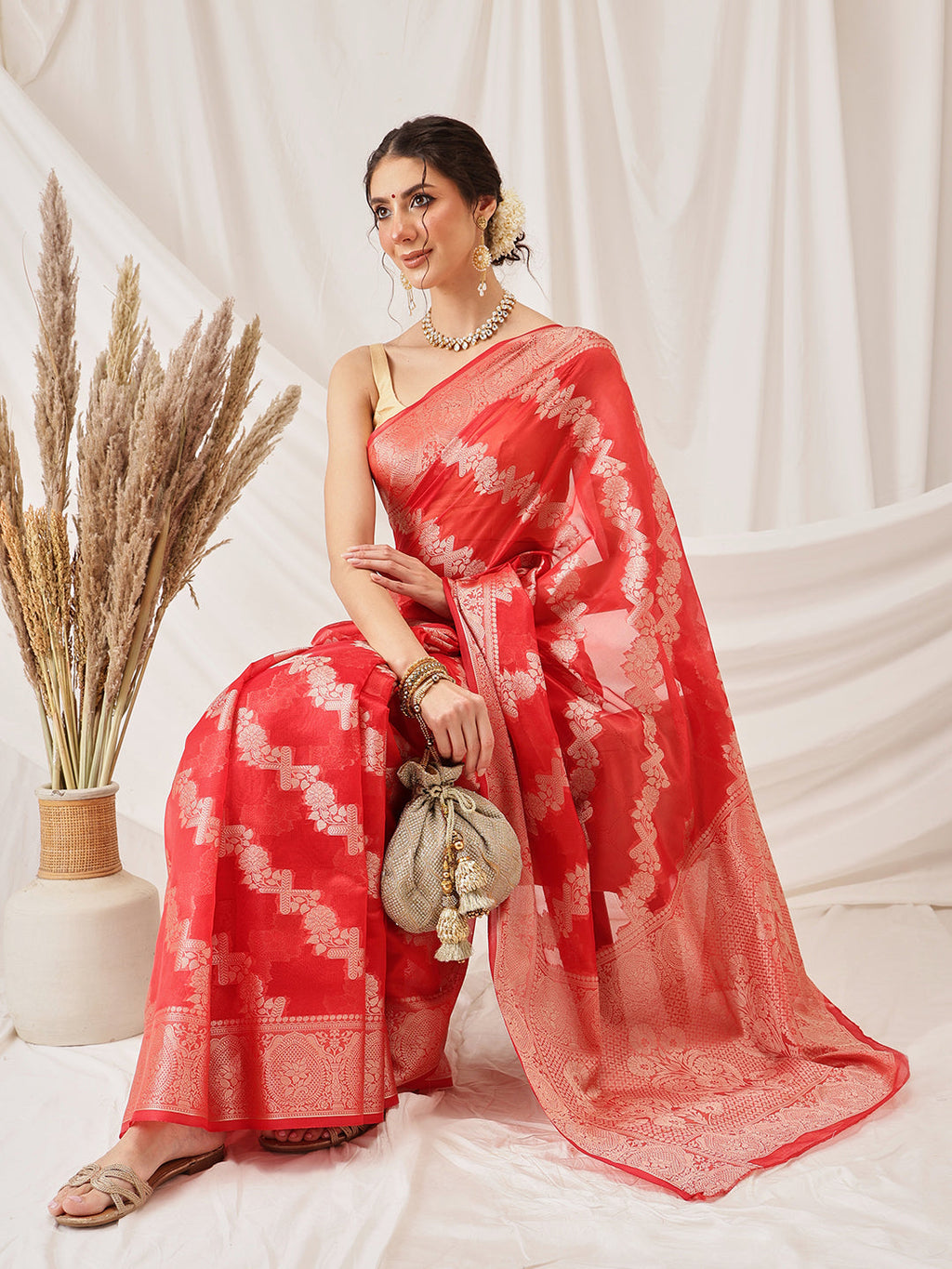 Hiral Fashion Red Banarasi Organza Silk Lahariya Woven Design Saree