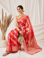 Hiral Fashion Red Banarasi Organza Silk Lahariya Woven Design Saree