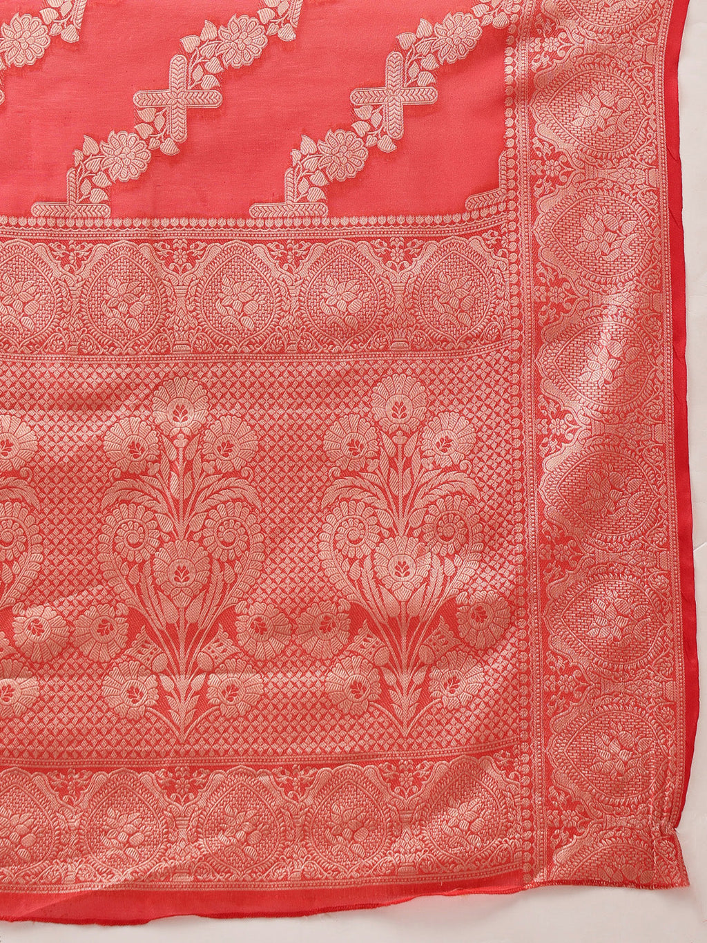 Hiral Fashion Red Banarasi Organza Silk Lahariya Woven Design Saree