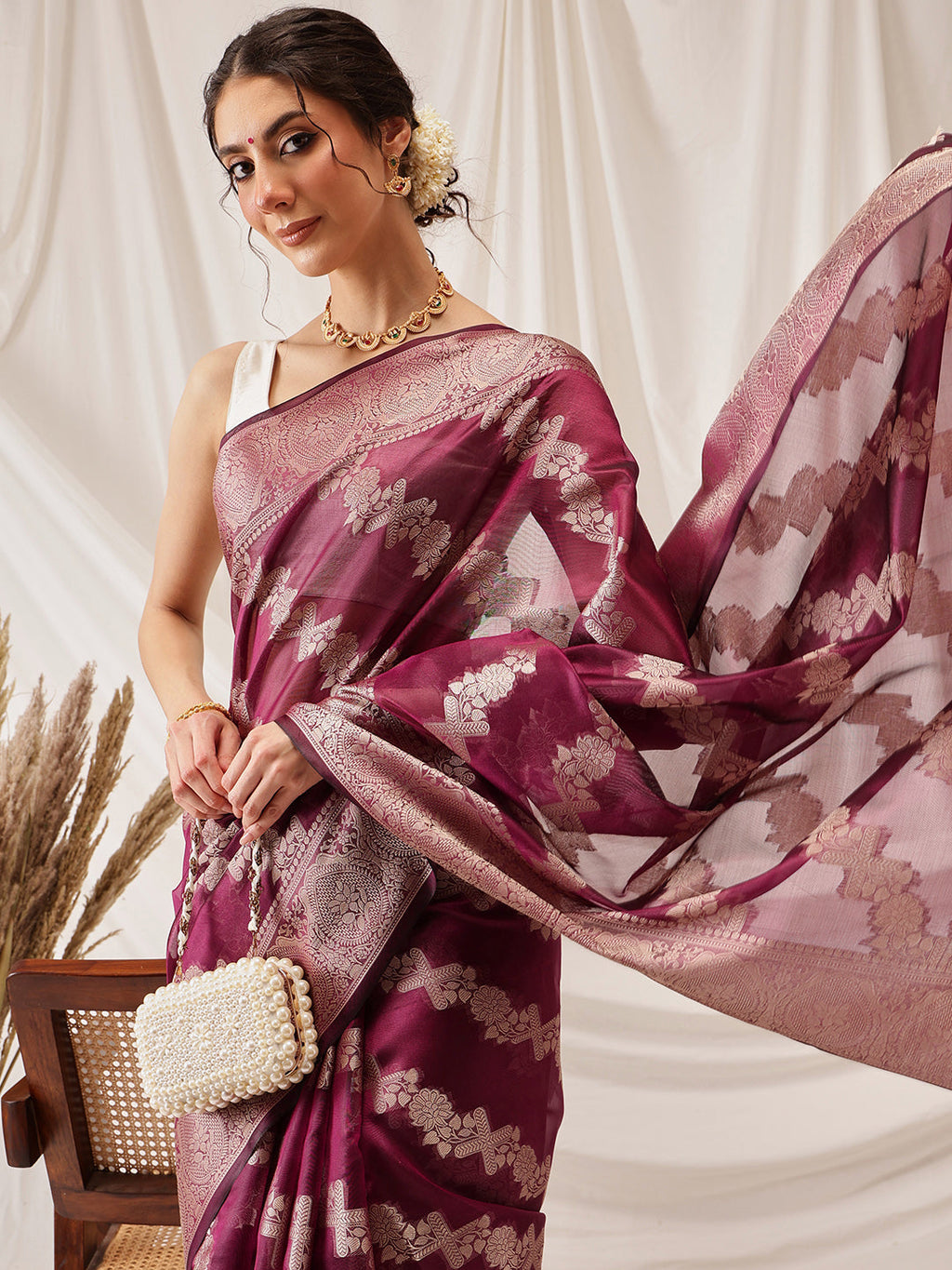 Hiral Fashion Purple Banarasi Organza Silk Lahariya Woven Design Saree