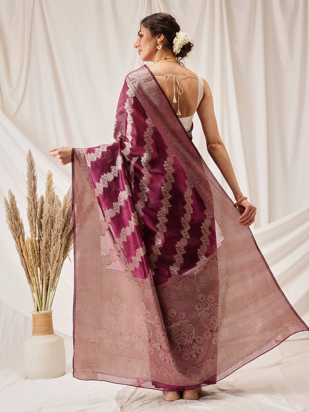 Hiral Fashion Purple Banarasi Organza Silk Lahariya Woven Design Saree