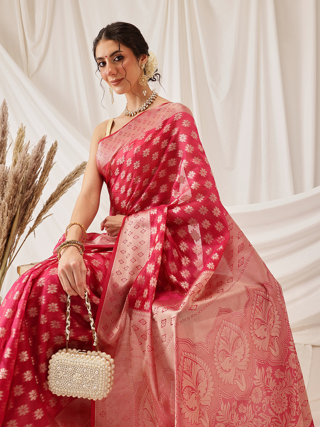 Hiral Fashion Pink Banarasi Organza Silk Floral Woven Design Saree