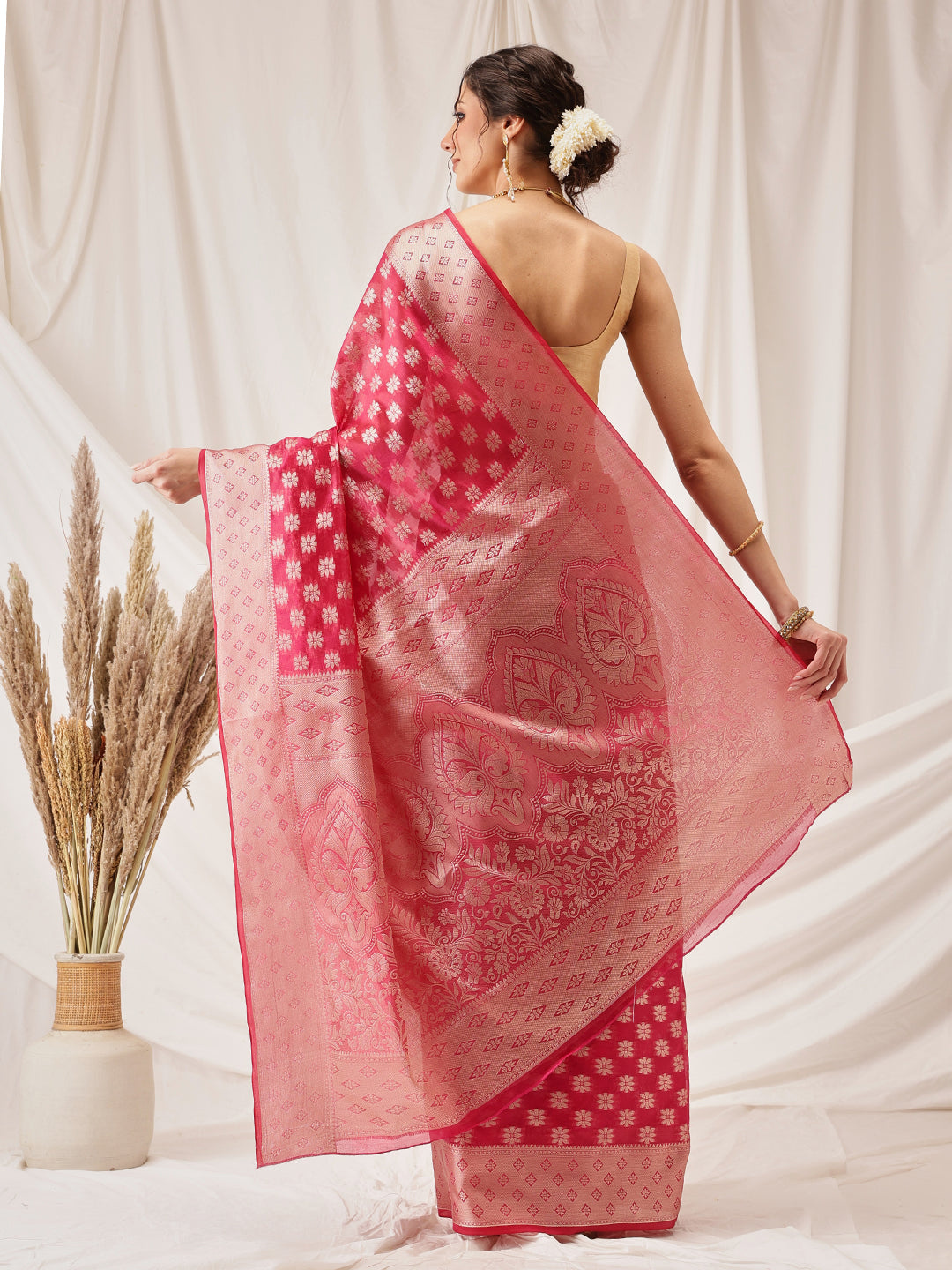 Hiral Fashion Pink Banarasi Organza Silk Floral Woven Design Saree