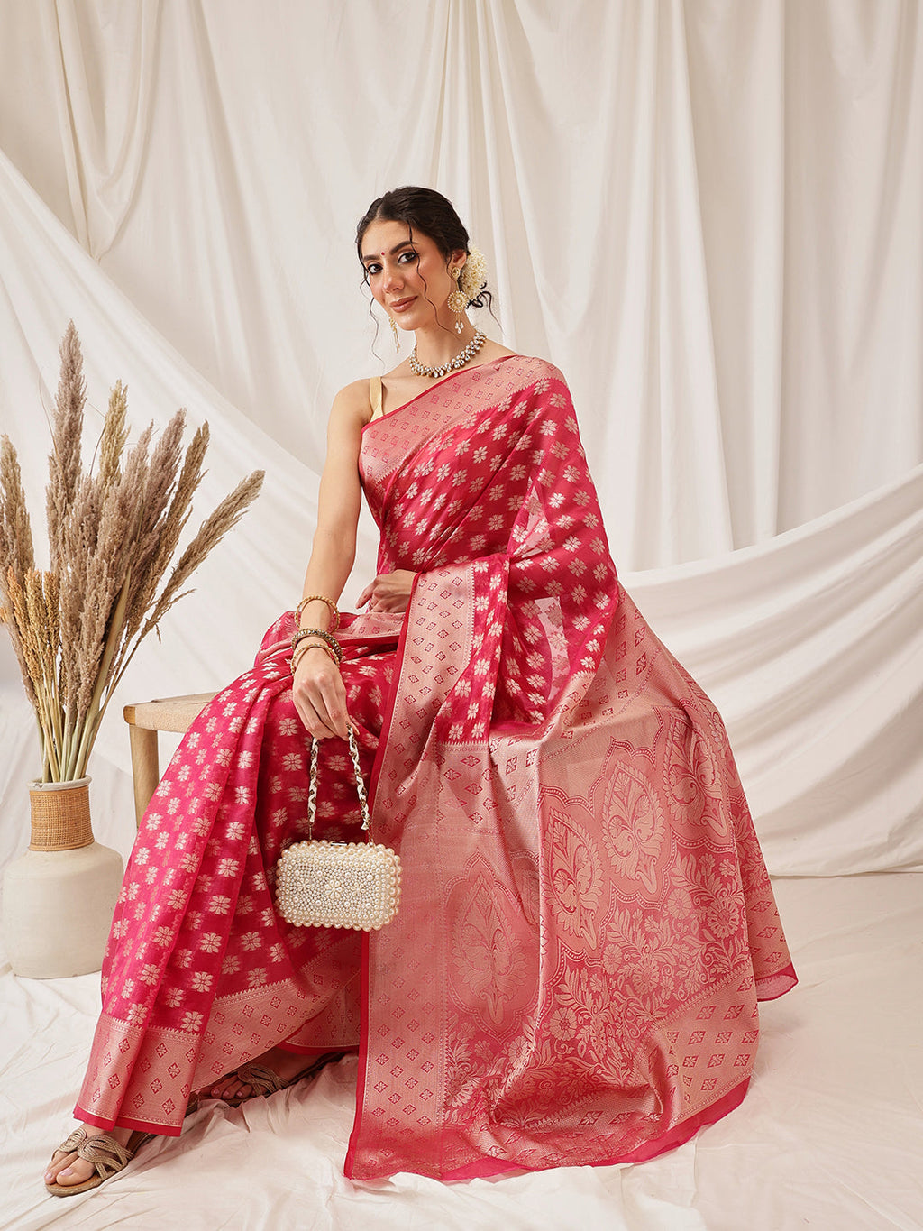 Hiral Fashion Pink Banarasi Organza Silk Floral Woven Design Saree