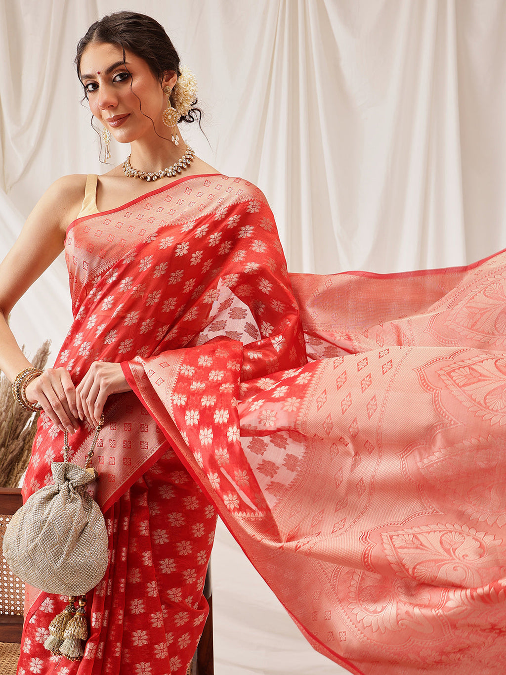 Hiral Fashion Red Banarasi Organza Silk Floral Woven Design Saree