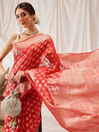 Hiral Fashion Red Banarasi Organza Silk Floral Woven Design Saree