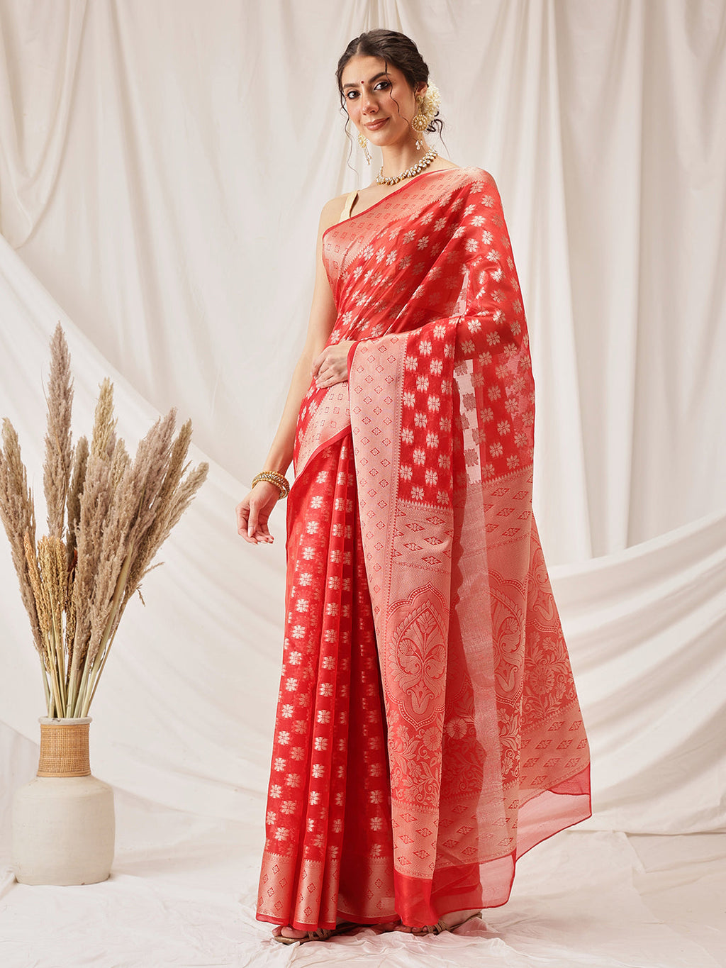 Hiral Fashion Red Banarasi Organza Silk Floral Woven Design Saree