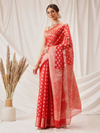 Hiral Fashion Red Banarasi Organza Silk Floral Woven Design Saree