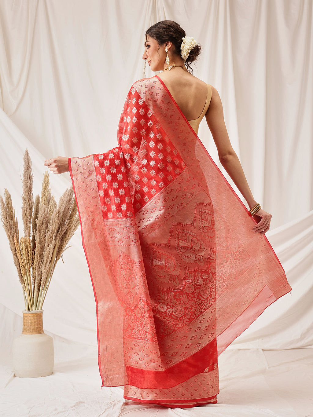 Hiral Fashion Red Banarasi Organza Silk Floral Woven Design Saree