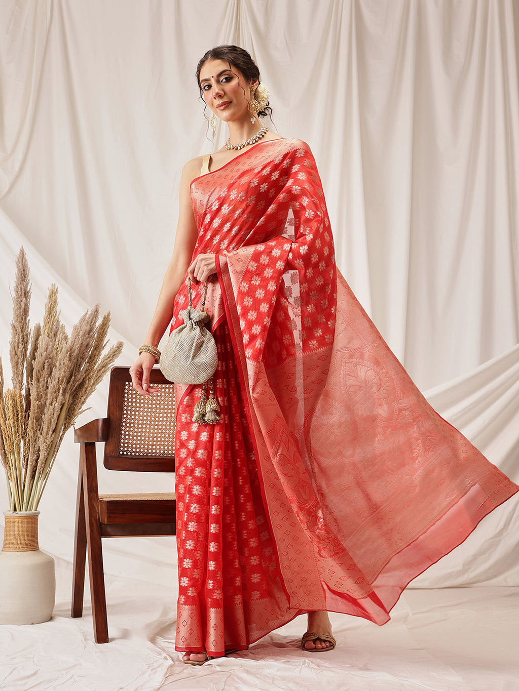 Hiral Fashion Red Banarasi Organza Silk Floral Woven Design Saree