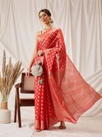Hiral Fashion Red Banarasi Organza Silk Floral Woven Design Saree