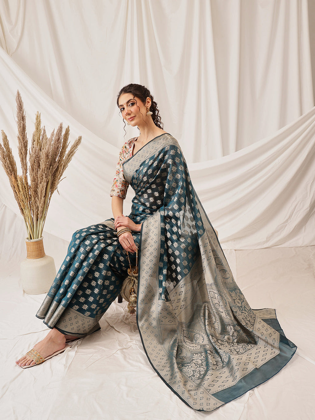 Hiral Fashion Teal Banarasi Organza Silk Floral Woven Design Saree