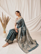 Hiral Fashion Teal Banarasi Organza Silk Floral Woven Design Saree