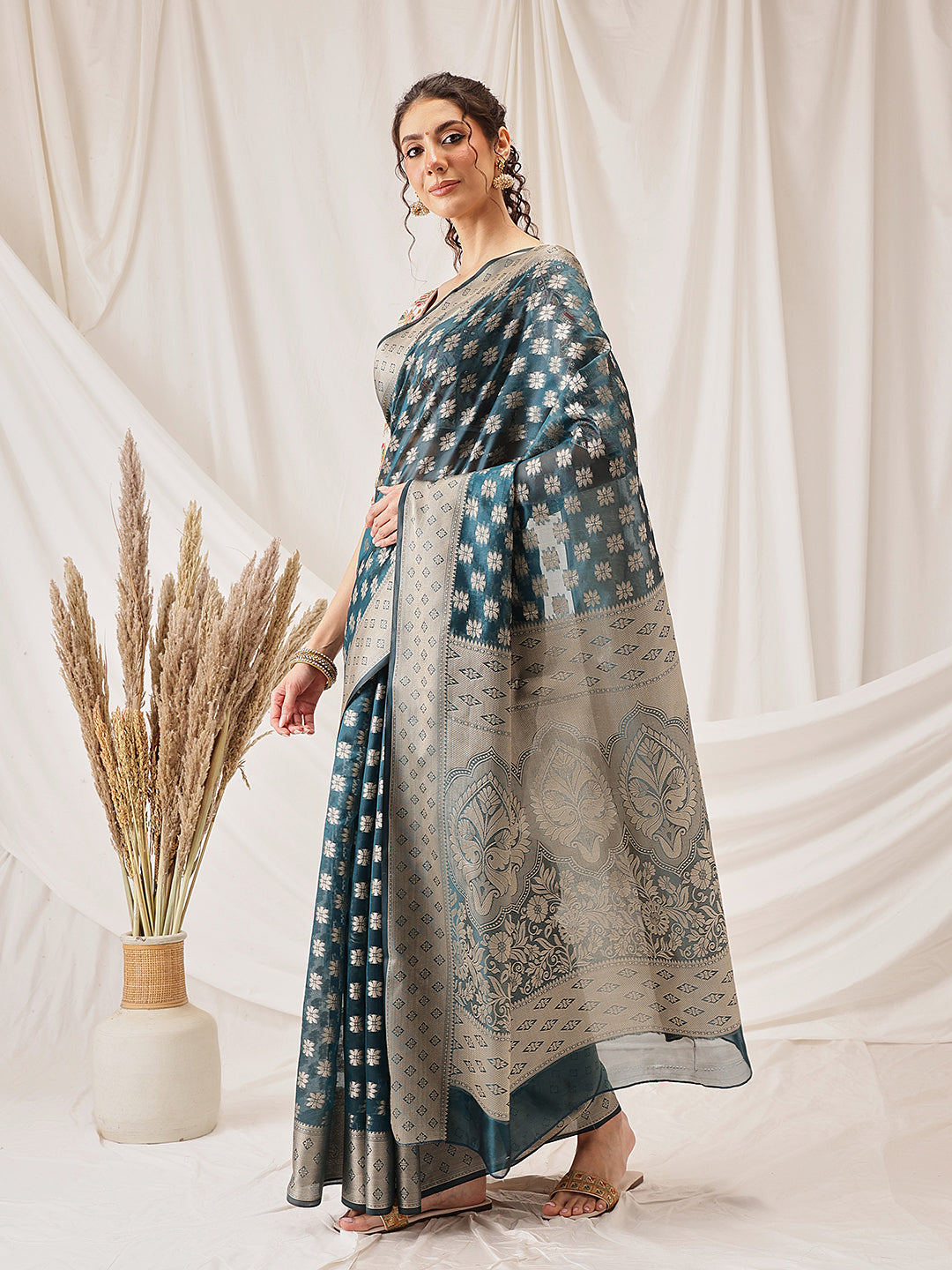 Hiral Fashion Teal Banarasi Organza Silk Floral Woven Design Saree