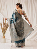 Hiral Fashion Teal Banarasi Organza Silk Floral Woven Design Saree