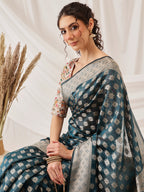 Hiral Fashion Teal Banarasi Organza Silk Floral Woven Design Saree