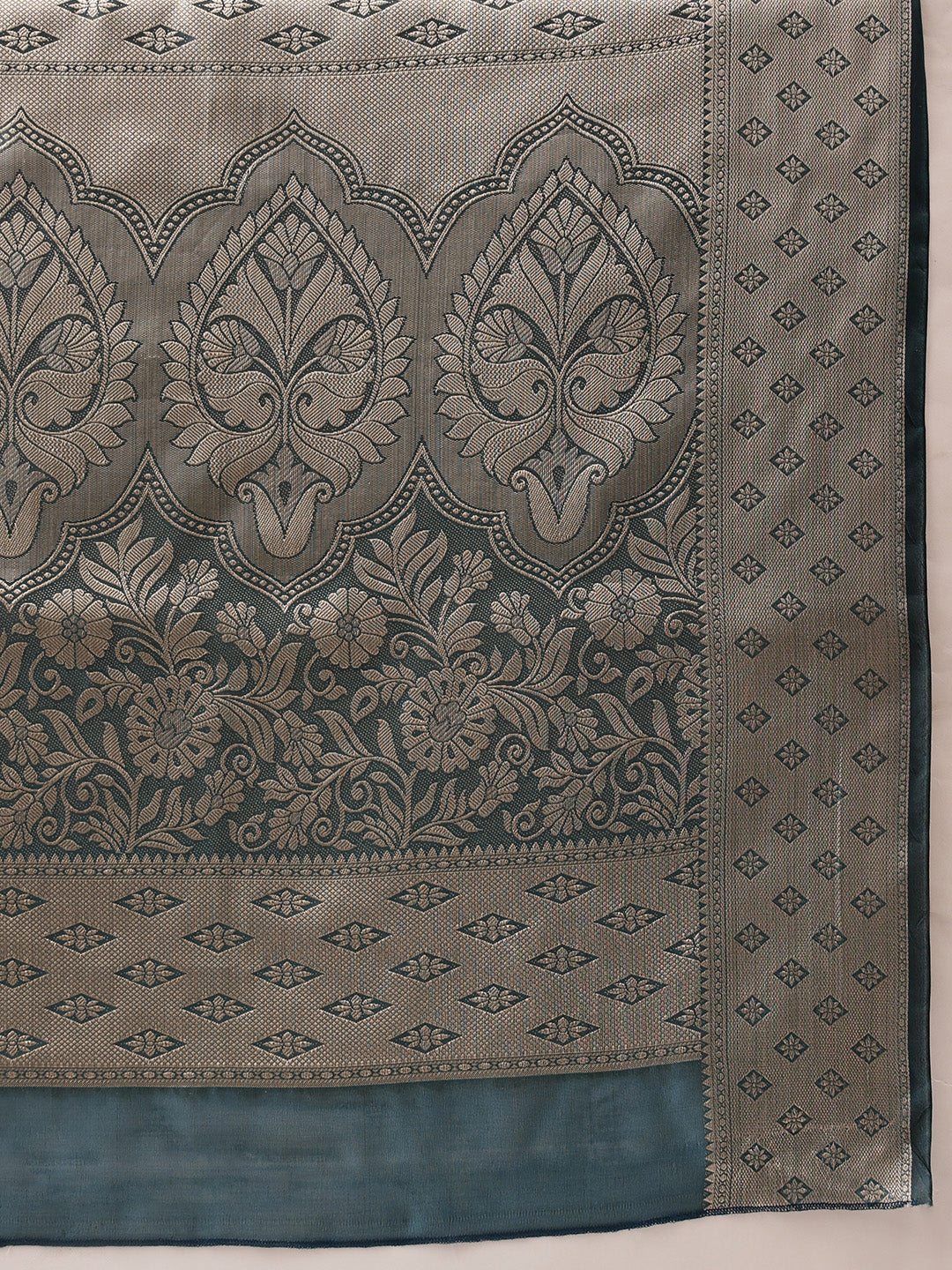 Hiral Fashion Teal Banarasi Organza Silk Floral Woven Design Saree