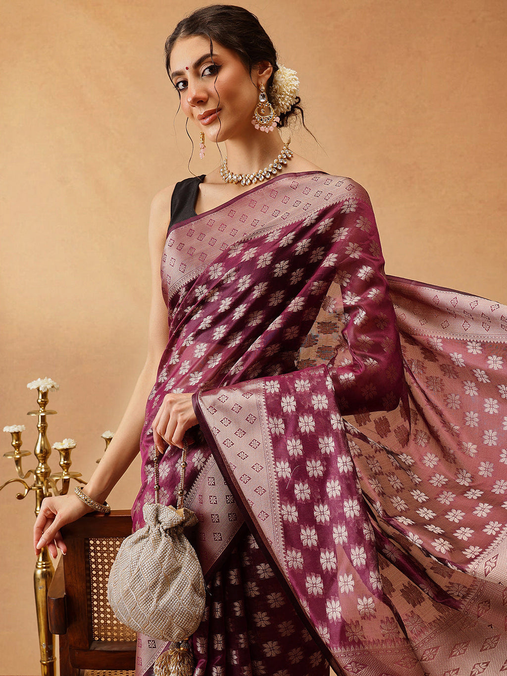 Hiral Fashion Purple Banarasi Organza Silk Floral Woven Design Saree