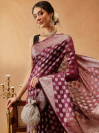 Hiral Fashion Purple Banarasi Organza Silk Floral Woven Design Saree