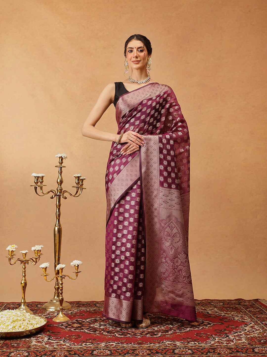 Hiral Fashion Purple Banarasi Organza Silk Floral Woven Design Saree