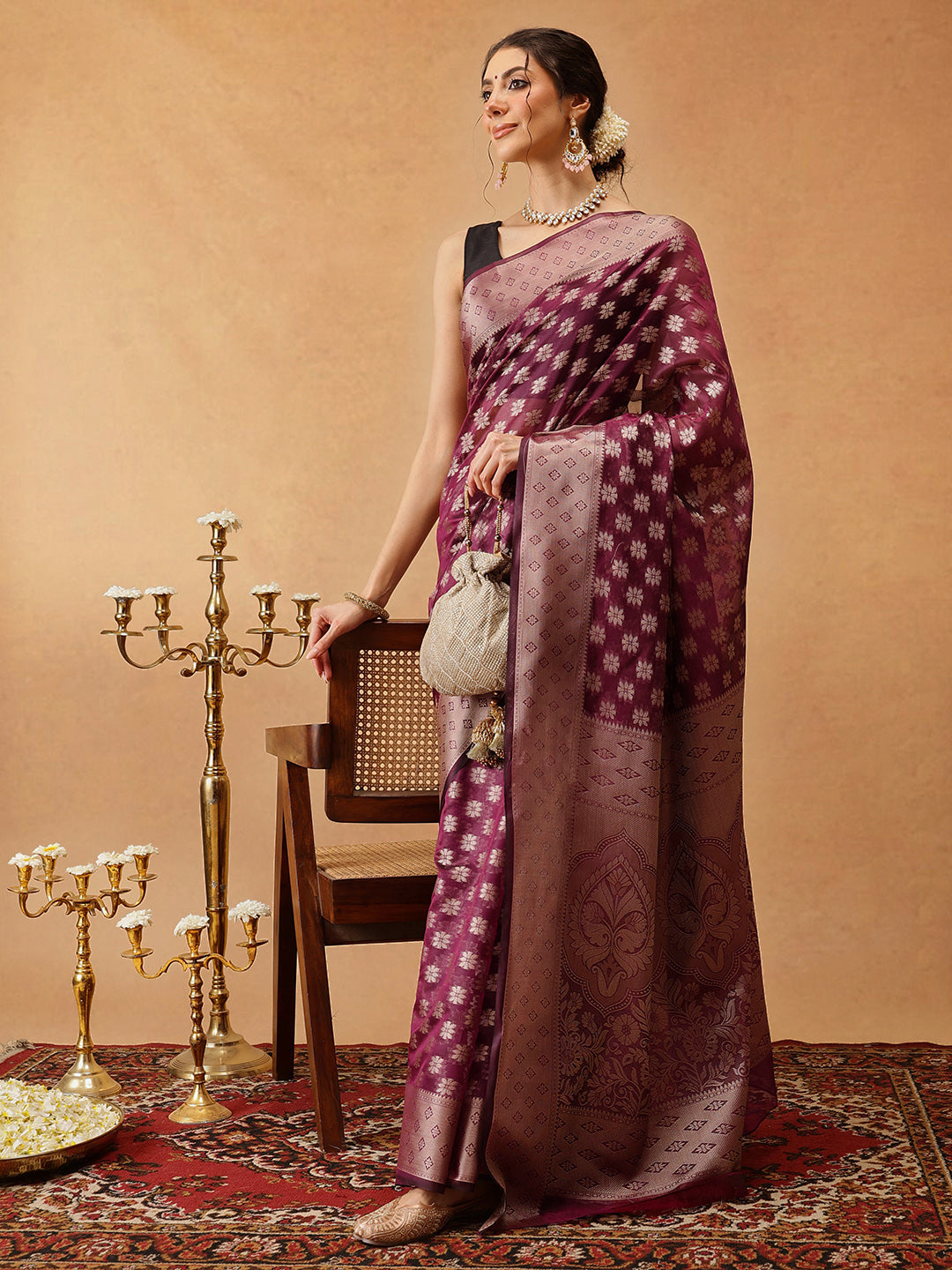 Hiral Fashion Purple Banarasi Organza Silk Floral Woven Design Saree