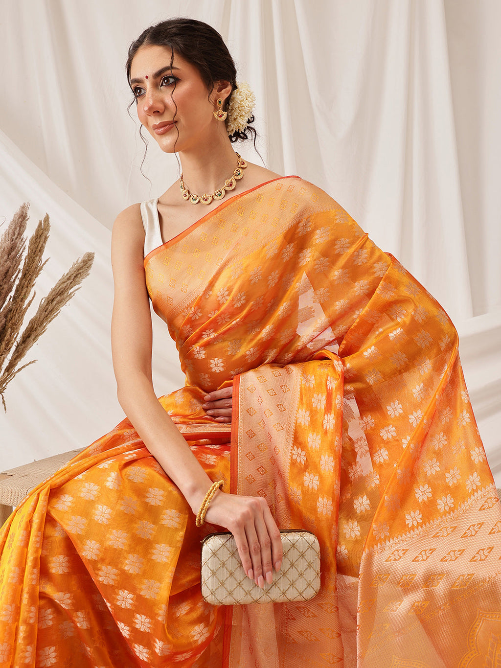 Hiral Fashion Yellow Banarasi Organza Silk Floral Woven Design Saree
