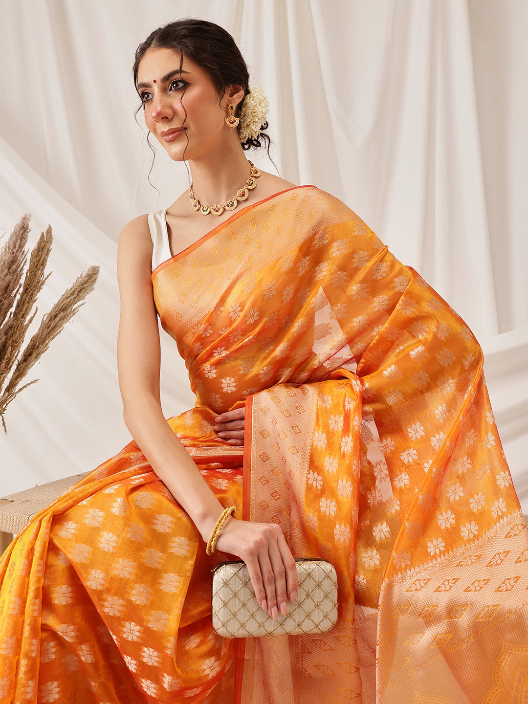 Hiral Fashion Yellow Banarasi Organza Silk Floral Woven Design Saree