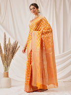 Hiral Fashion Yellow Banarasi Organza Silk Floral Woven Design Saree