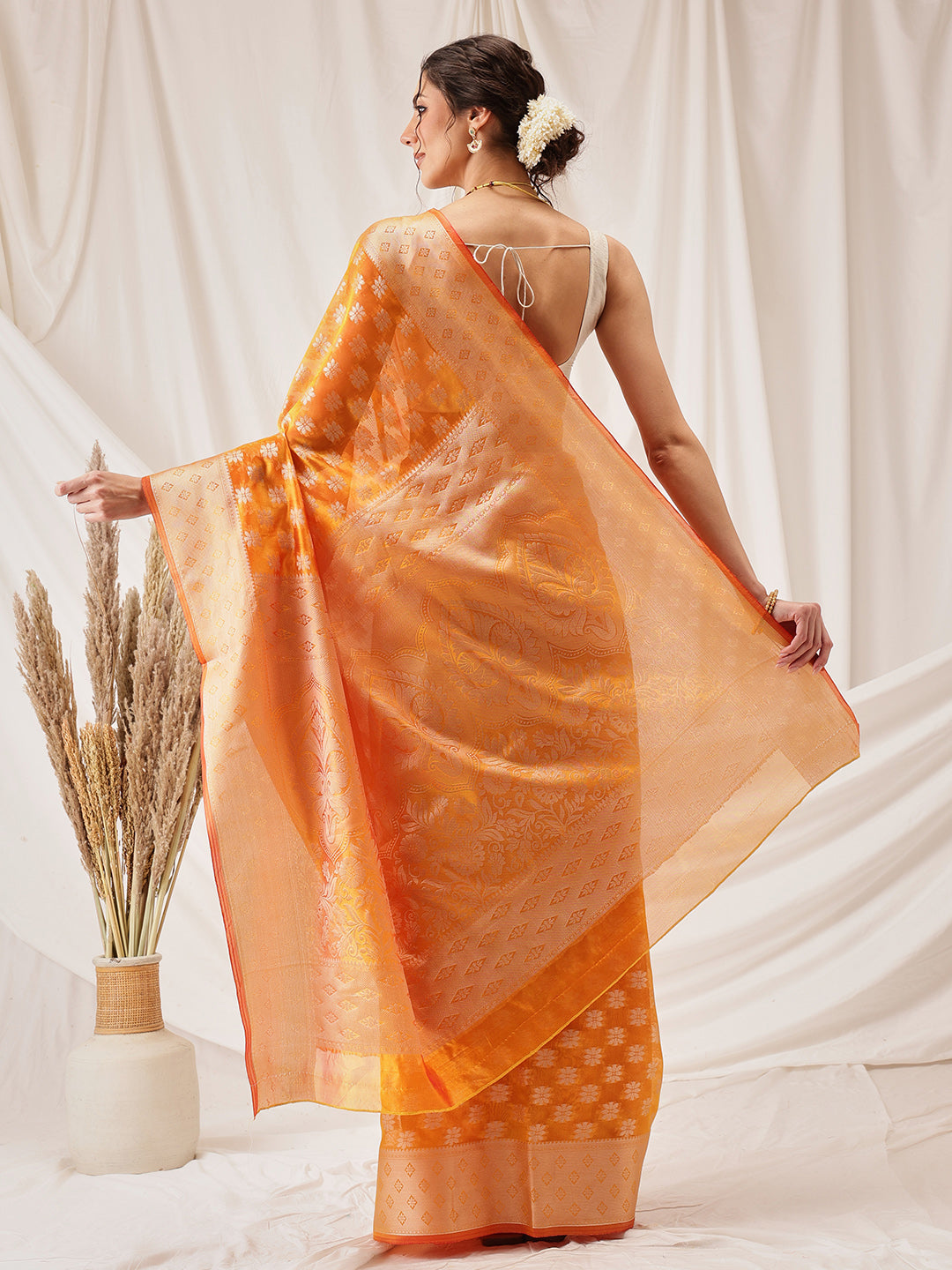 Hiral Fashion Yellow Banarasi Organza Silk Floral Woven Design Saree