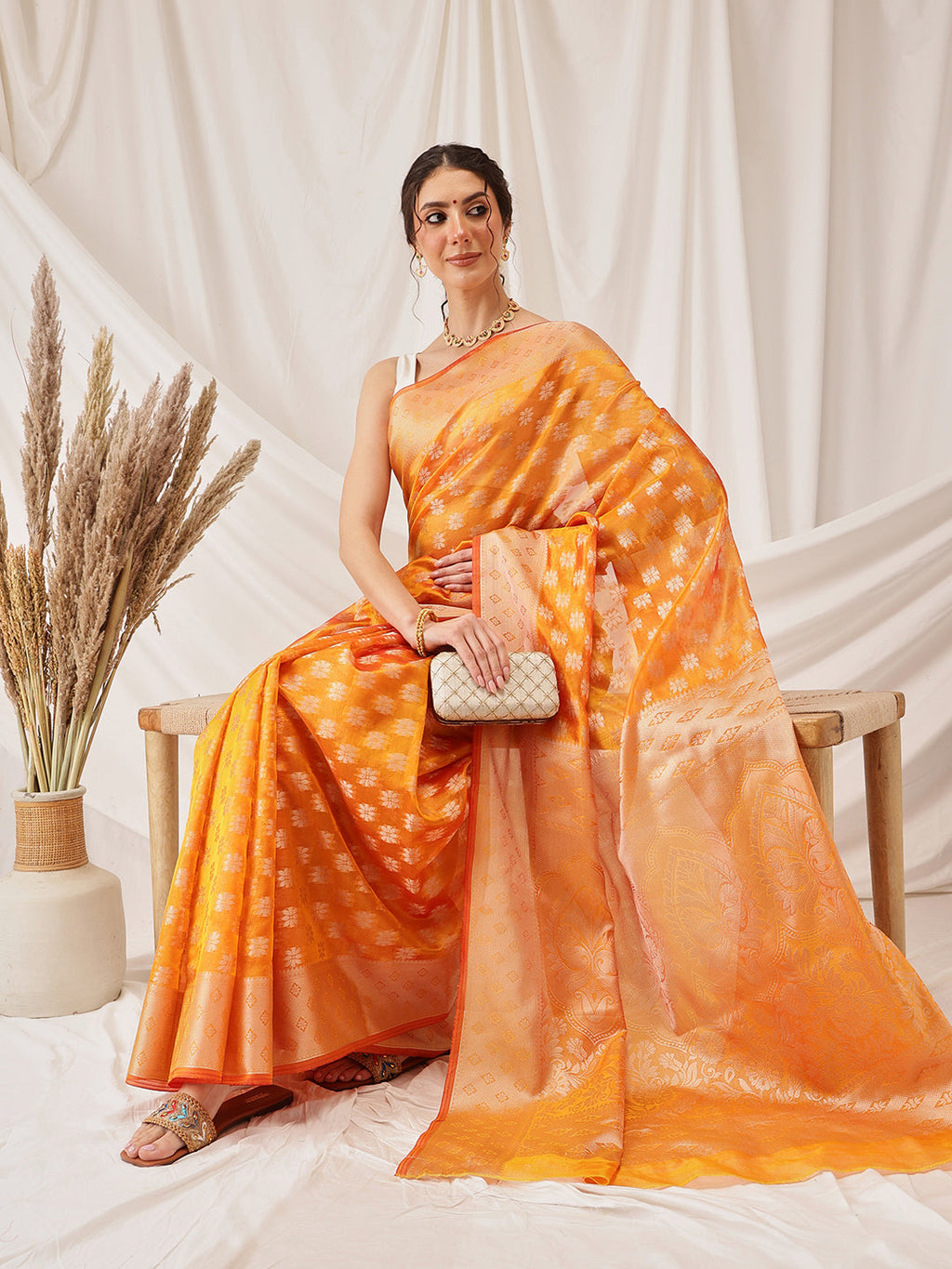 Hiral Fashion Yellow Banarasi Organza Silk Floral Woven Design Saree